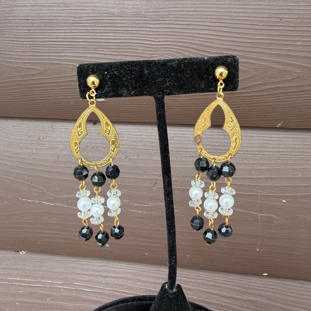 Beaded Chandelier Drop Earrings Women Gold Black White Faux Pearl Statement‎